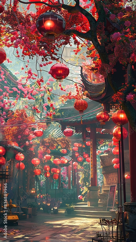 Obraz premium Red lanterns in chinese temple,Chinese with traditional paper lanterns created