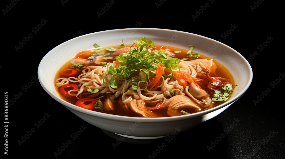 Delicious bowl of ramen soup with noodles, fresh vegetables, and herbs, served in a white bowl against a black background.