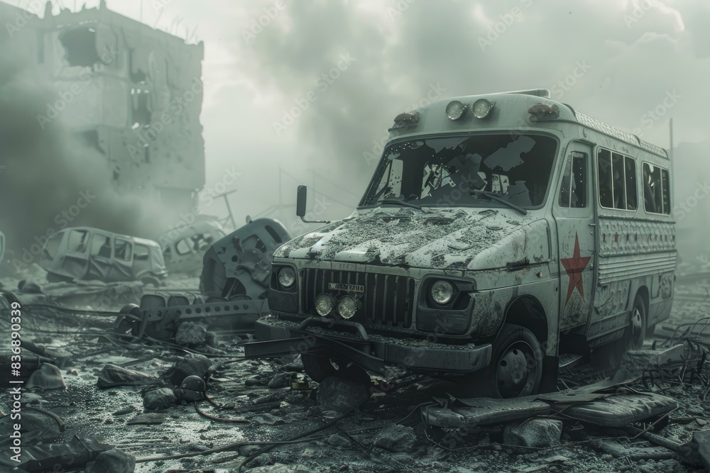Obraz premium Derelict medical vehicle amidst ruins and debris in a dystopian urban environment