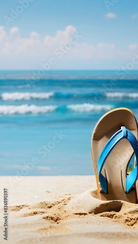 Flip flop on Sand Sea and blue sky summer background