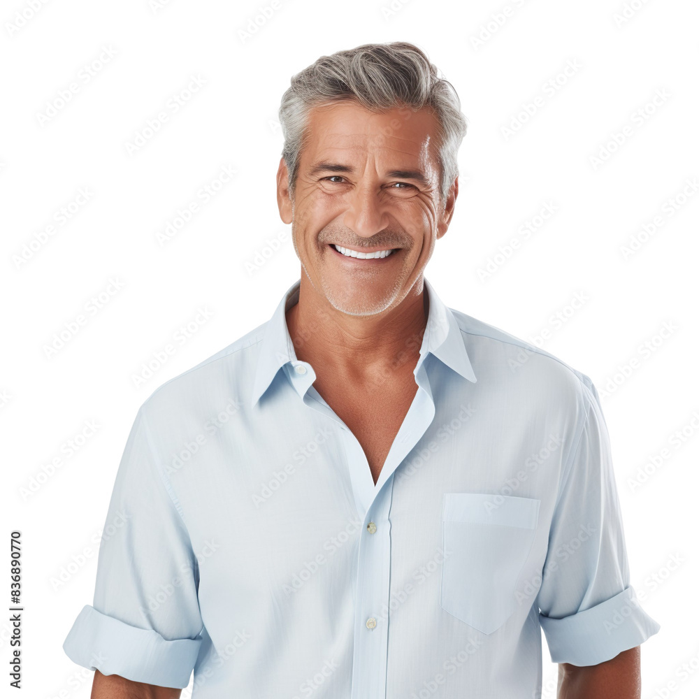 Front view mid shot of a 60-year-old handsome Latin man dressed in a light blue linen shirt and cream-colored dress trousers, smiling on a white transparent background Front view mid shot of a 60-year-old handsome Latin man dressed in a light blue linen shirt and cream-colored dress trousers, smiling on a white transparent background
