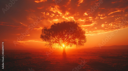 A lone tree silhouetted against a fiery sunset on a desert landscape. photo