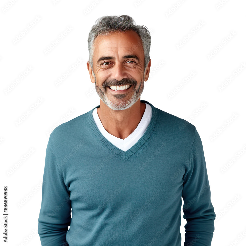 Obraz premium Front view mid shot of a 60-year-old handsome Latin man dressed in a light teal V-neck sweater and navy blue slacks, smiling on a white transparent background