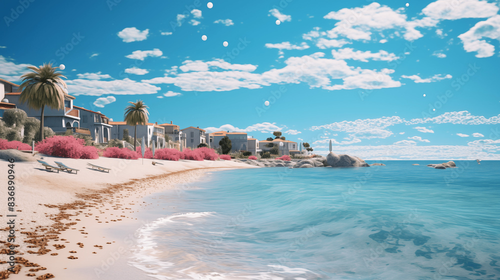 Plage du sud de la France ou de l'Italie. Côte, littoral. Ciel bleu, mer, plage de sable fin. Vacances, soleil, été, voyage. Détente, repos. Pour conception et création graphique. Plage du sud de la France ou de l'Italie. Côte, littoral. Ciel bleu, mer, plage de sable fin. Vacances, soleil, été, voyage. Détente, repos. Pour conception et création graphique.