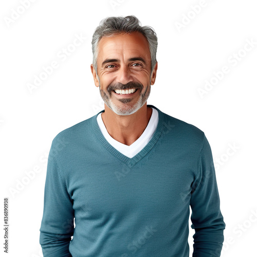 Front view mid shot of a 60-year-old handsome Latin man dressed in a light teal V-neck sweater and navy blue slacks, smiling on a white transparent background