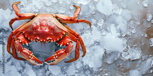 Red crab on ice, top view