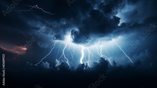 A dramatic and powerful image of a lightning storm at night, with striking lightning bolts illuminating dark, ominous clouds.