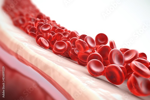 Close-up of red blood cells traveling through a blood vessel, illustrating cardiovascular health, circulation, and medical concepts.
