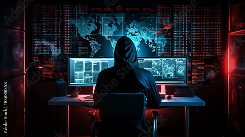 Hacker in dark room with multiple computer screens, working on cybersecurity and code. Concept of cybercrime, hacking, and digital security.