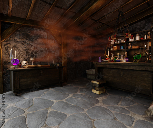 Photos 3D rendered illustration from the interior of a witch's hut