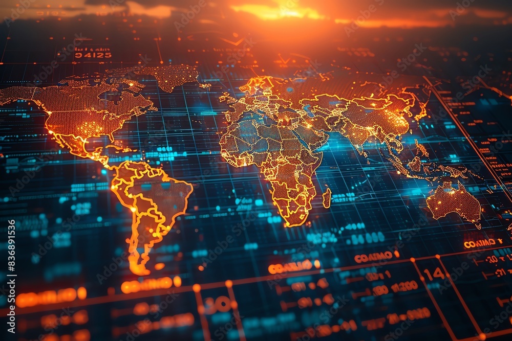 Fototapeta premium Digital world map with glowing data points and network connections, representing global technology and communication trends.