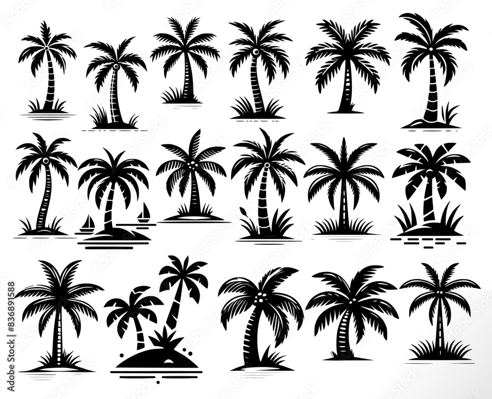 tropical palm trees vector icons set on white background. palm or coconut trees large collection. vector eps solid fill. tropical palm trees vector icons set on white background. palm or coconut trees large collection. vector eps solid fill.