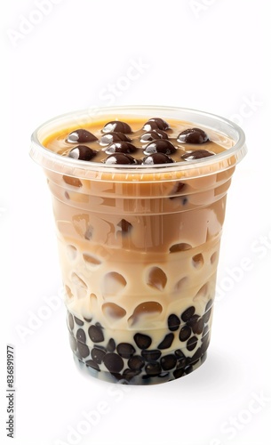 Refreshing Taro Milk Tea in Clear Plastic Cup with Tapioca Pearls on White Background for Advertisement. Studio-lit Beverage Photography. © LazysAI