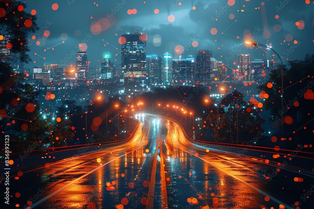 Vibrant cityscape at night with neon lights and rain-soaked streets, reflecting the urban atmosphere and modern city life. Vibrant cityscape at night with neon lights and rain-soaked streets, reflecting the urban atmosphere and modern city life.