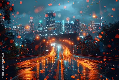 Vibrant cityscape at night with neon lights and rain-soaked streets, reflecting the urban atmosphere and modern city life.