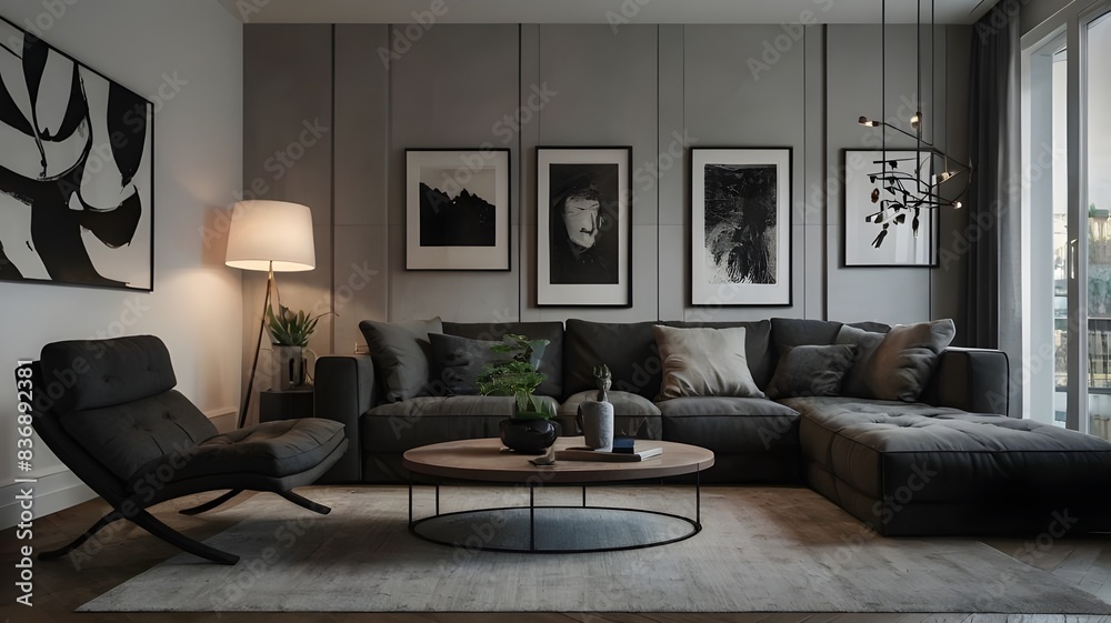 A modern minimalist livingroom with darkfurniture A modern minimalist livingroom with darkfurniture