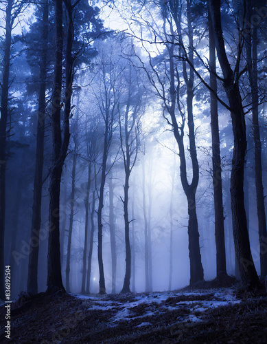 Mysterious blue toned forest pathway, winter night landscape. Footpath and high trees in snow. © happyjack29