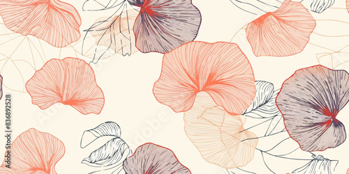 seamless line art pattern with poppies, orange, white tones