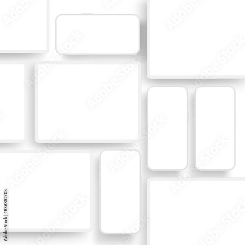 Clay Tablet Computers And Smartphones Mockups. Showcase Your Mobile App Design. Vector Illustration
