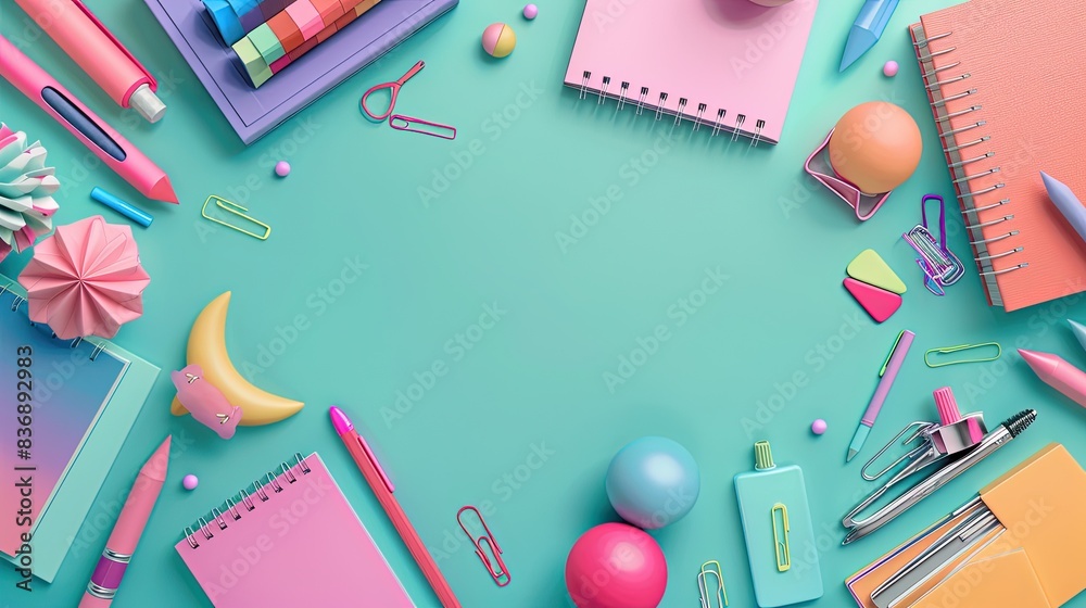 Overhead shot of back to school office supplies on teal background with paper note book into frame. Overhead shot of back to school office supplies on teal background with paper note book into frame.