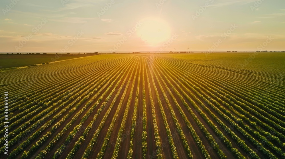 An aerial view of a vast soybean plantation with neat rows stretching generated by AI