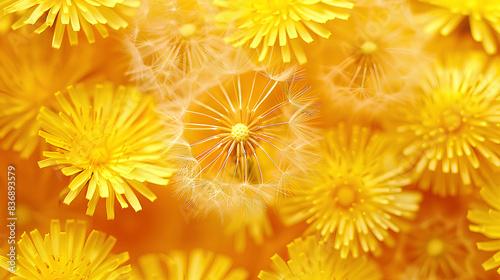 A macro shot of yellow dandelions in the air  creating an enchanting and vibrant pattern with delicate petals and soft textures.