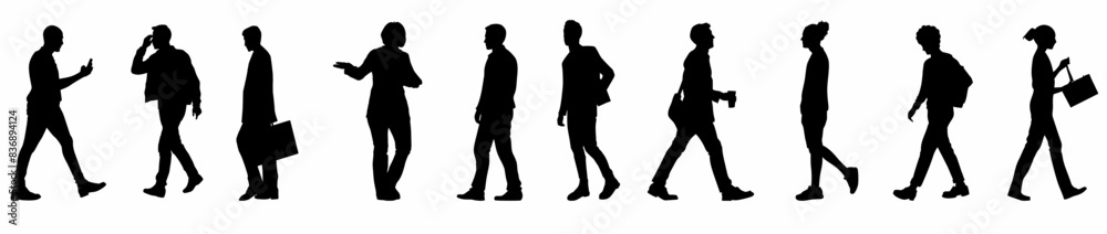 Silhouette of business people walking with hand bags, men and women in full length and side view. Vector silhouette illustration isolated of businesspeople on white background Silhouette of business people walking with hand bags, men and women in full length and side view. Vector silhouette illustration isolated of businesspeople on white background