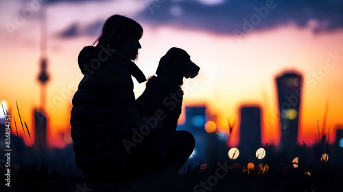 Woman and her dog stand in silhouette against the city skyline at sunset, finding solace in each other's presence