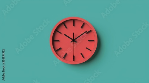 Minimalistic red clock on teal background representing time, simplicity, and modern design. Perfect for business, interior decor, or design concepts. photo