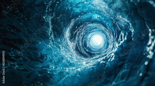 A blue whirlpool spirals downwards, its swirling vortex leading to a bright light at the end of the tunnel.