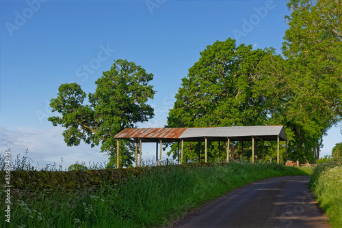 A large old Pole Barn of wooden construction with a rusted corrugated Tin Roof next to a minor Scottish Road near to Woodhead of Ballinshoe Farm.