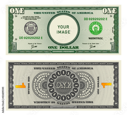 Vector highly detailed fictional beautiful 1 US dollar banknote. Obverse and reverse of American bill with guilloche patterns. Empty circle in center. Sample, your image. One dollar.