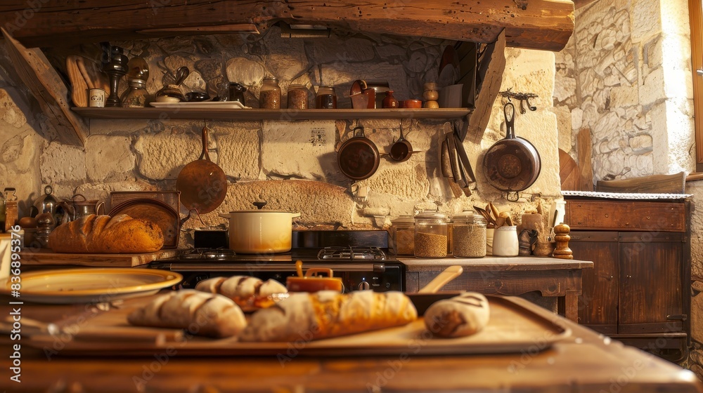 Fototapeta premium A rustic farmhouse kitchen with a pot of beans on the stove generated by AI