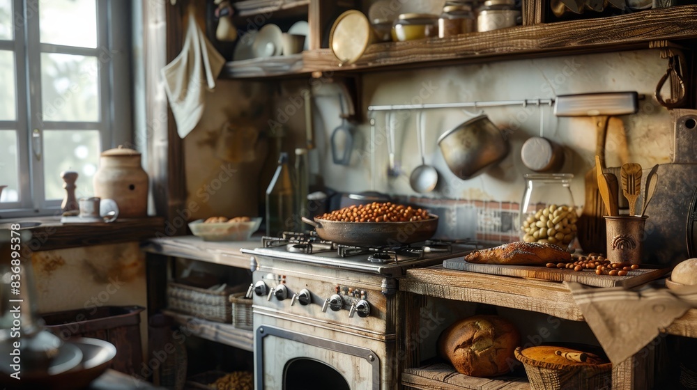 A rustic farmhouse kitchen with a pot of beans on the stove generated by AI A rustic farmhouse kitchen with a pot of beans on the stove generated by AI