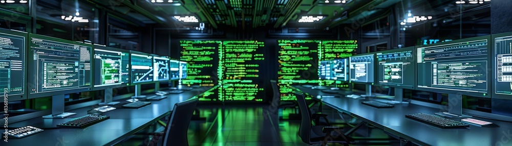 custom made wallpaper toronto digitalHightech computer lab with glowing green interfaces, advanced coding graphics, modern cyber security operations center