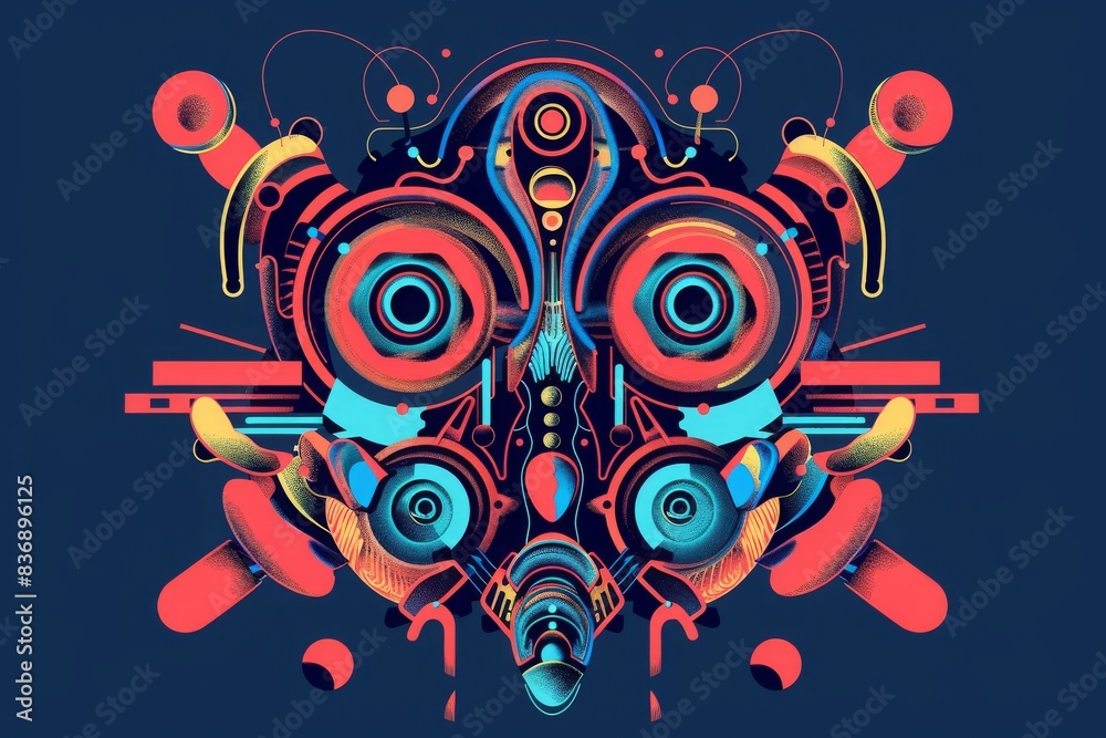 Vibrant geometric symmetrical abstract art on a dark background featuring colorful shapes and lines in a futuristic design. Vibrant geometric symmetrical abstract art on a dark background featuring colorful shapes and lines in a futuristic design.