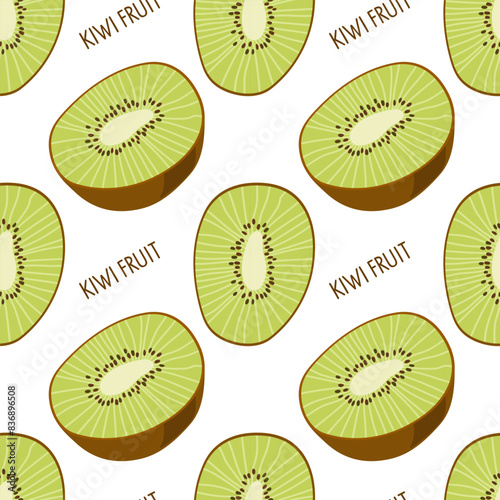Seamless Kiwi fruit pattern on white background. Slice fruit and cut into half. Farmer Market. Organic tropical food eco template for wallpaper, textile, wrapping, scrapbooking. Repeated background.