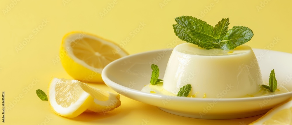 Lemon Panna Cotta with Mint Leaves on Yellow Background, Closeup, Delicious Dessert, Copy Space Lemon Panna Cotta with Mint Leaves on Yellow Background, Closeup, Delicious Dessert, Copy Space
