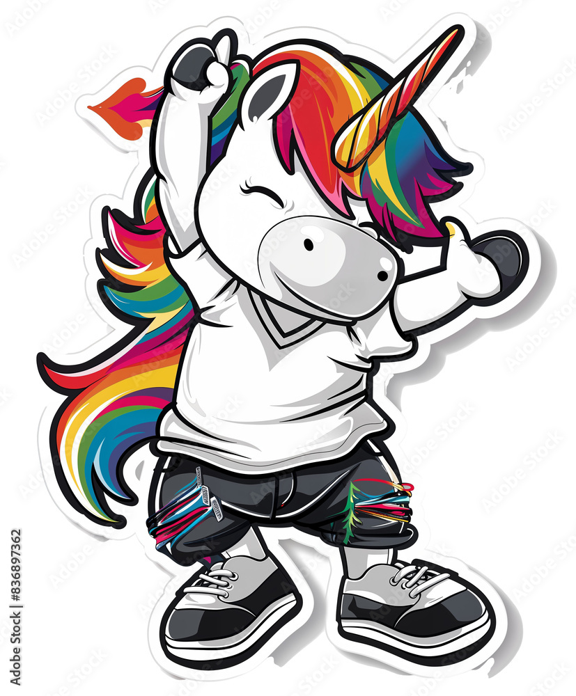 This kawaii dancing unicorn sticker sports a rainbow mane and tail, epitomizing LGBT or LSBTIQ culture and joyfulness This kawaii dancing unicorn sticker sports a rainbow mane and tail, epitomizing LGBT or LSBTIQ culture and joyfulness