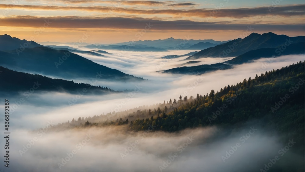 Fototapeta premium sunrise in the mountains with forest and fog