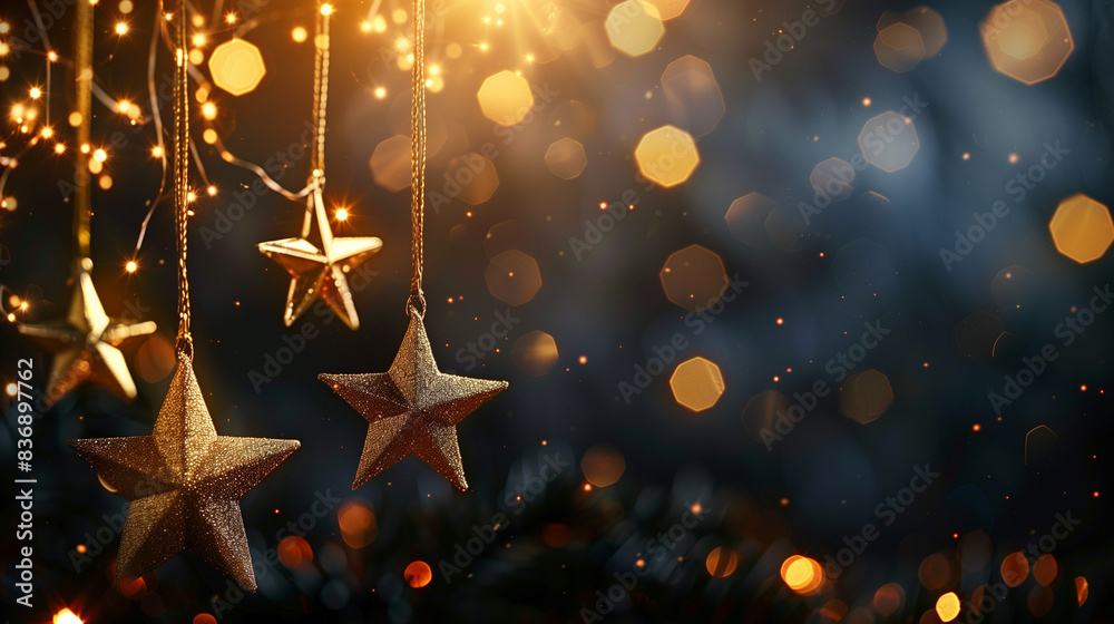 Hanging golden Christmas stars on golden bokeh particles background copy space for text Hanging golden Christmas stars on golden bokeh particles background copy space for text