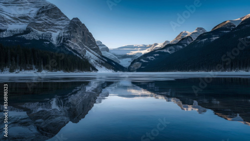 An untouched icy lake reflecting high snowy mountains.