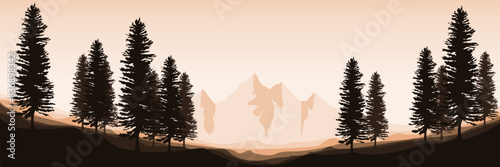 sunrise morning in the forest silhouette flat design vector illustration for background, banner, backdrop, tourism design, advertising and business © FahrizalNurMuhammad