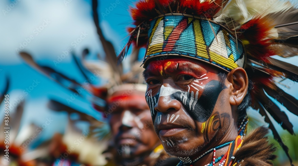 Fototapeta premium Traditional Tribal Ceremony. A realistic photo of a traditional tribal ceremony deep in the forest, members of the tribe dressed in colorful traditional attire, performing rituals, the atmosphere fill