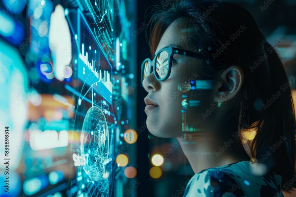 woman checking data flow, futuristic background woman checking data flow, futuristic background