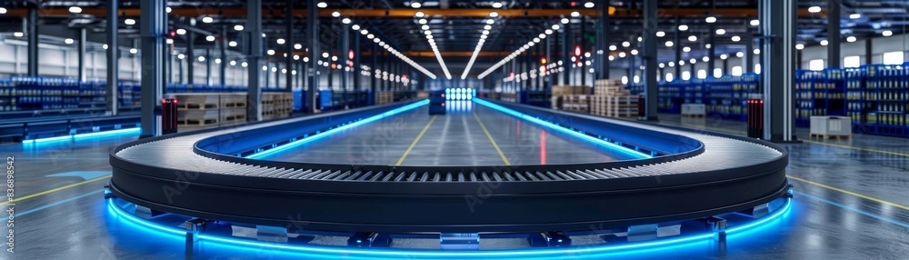 Fototapeta premium Modern automated warehouse interior, conveyor belts with smart technology and blue neon lights guiding the flow