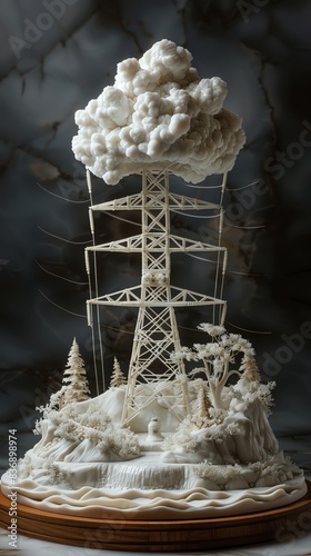 Intricate sugar sculpture of a power line tower in a winter forest with a cloud above, showcasing detailed artistry and craftsmanship. photo