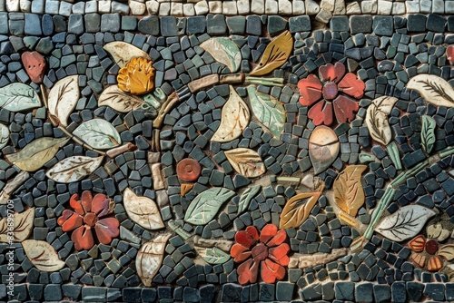 Detailed mosaic artwork featuring vibrant flowers and leaves on a textured stone background photo