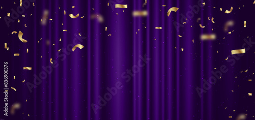 Purple curtain background. Golden confetti banner and ribbon on white background. Celebration grand openning party happy concept.