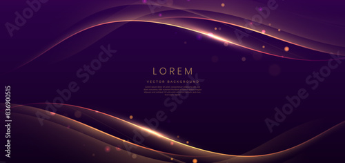 Luxury curve golden lines on dark purple background with lighting effect copy space for text. Luxury design style.
